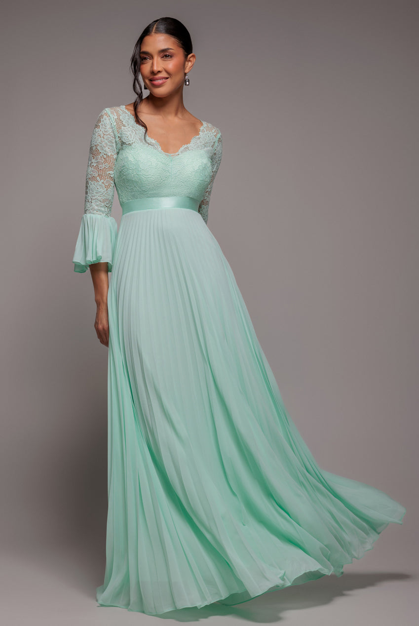 Goddiva Scalloped Lace Bodice Pleated Chiffon A Line Maxi Dress - Mint Green