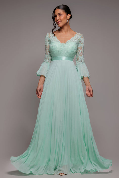 Goddiva Scalloped Lace Bodice Pleated Chiffon A Line Maxi Dress - Mint Green