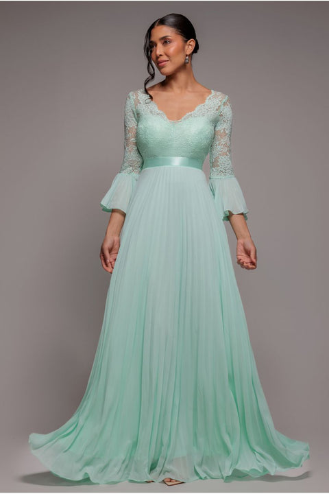 Goddiva Scalloped Lace Bodice Pleated Chiffon A Line Maxi Dress - Mint Green