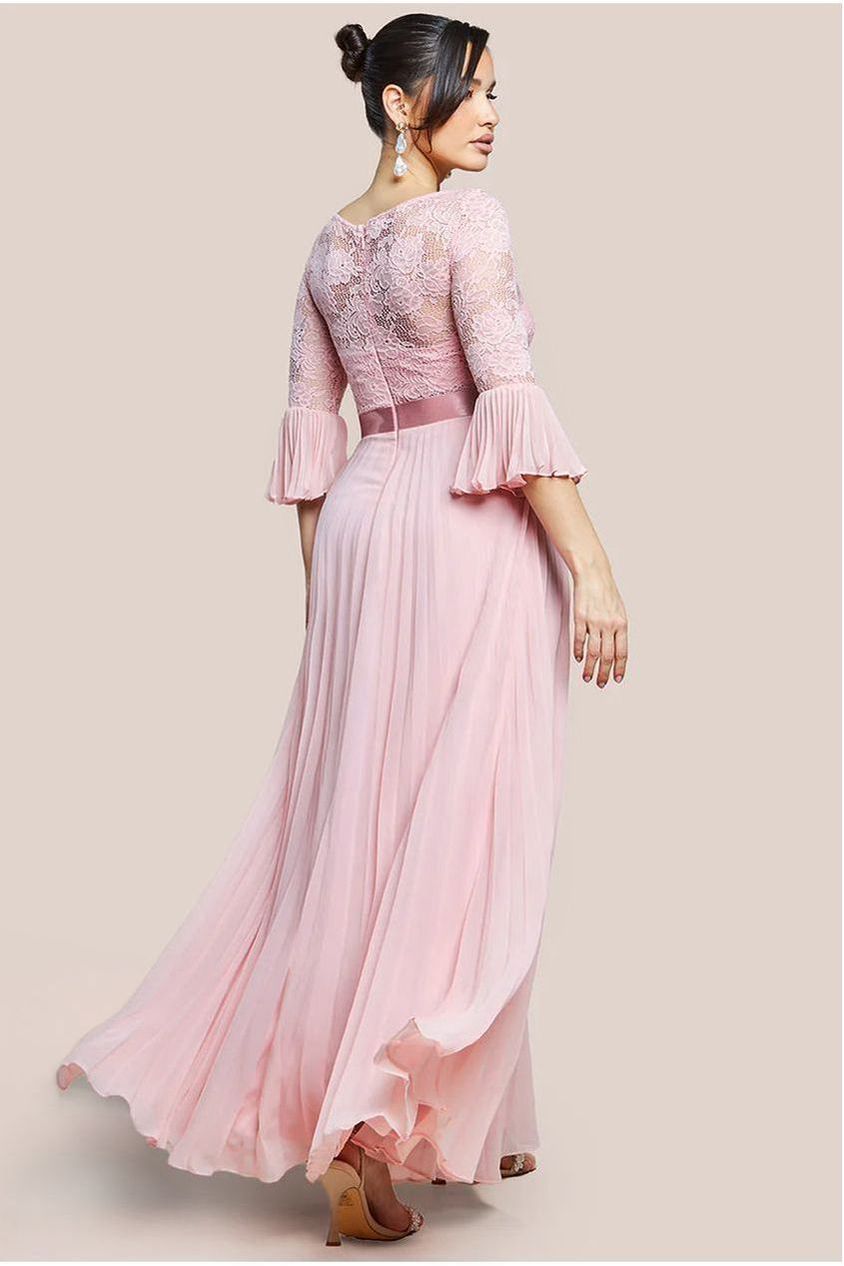 Goddiva Scalloped Lace Bodice Pleated Chiffon A Line Maxi Dress - Blush Pink