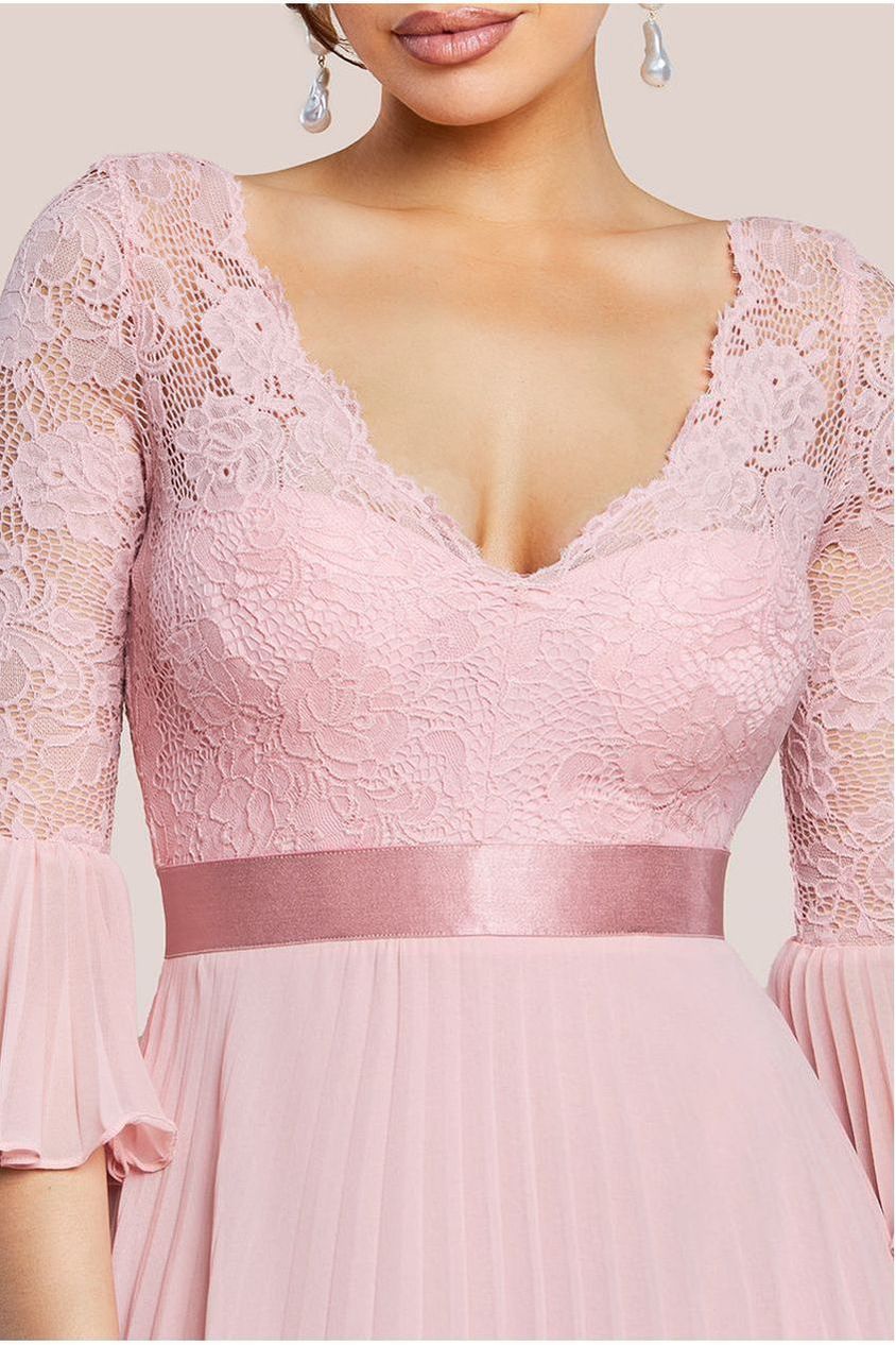 Goddiva Scalloped Lace Bodice Pleated Chiffon A Line Maxi Dress - Blush Pink
