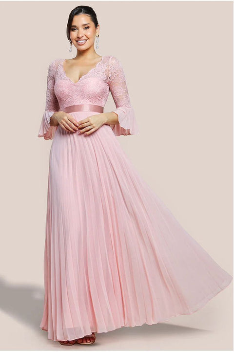 Goddiva Scalloped Lace Bodice Pleated Chiffon A Line Maxi Dress - Blush Pink