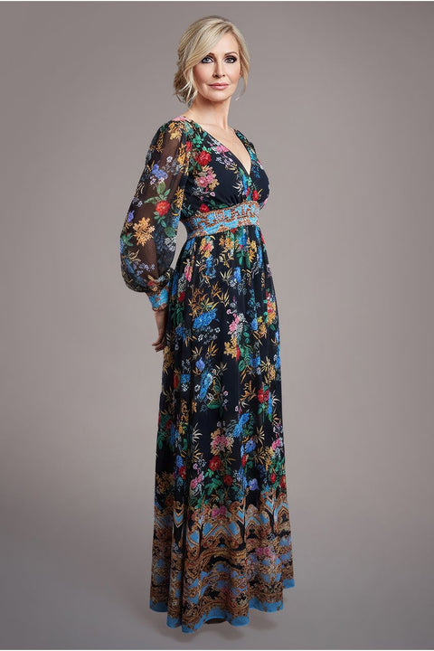 Goddiva Chiffon Wrap Border Floral Print Maxi Dress - Black