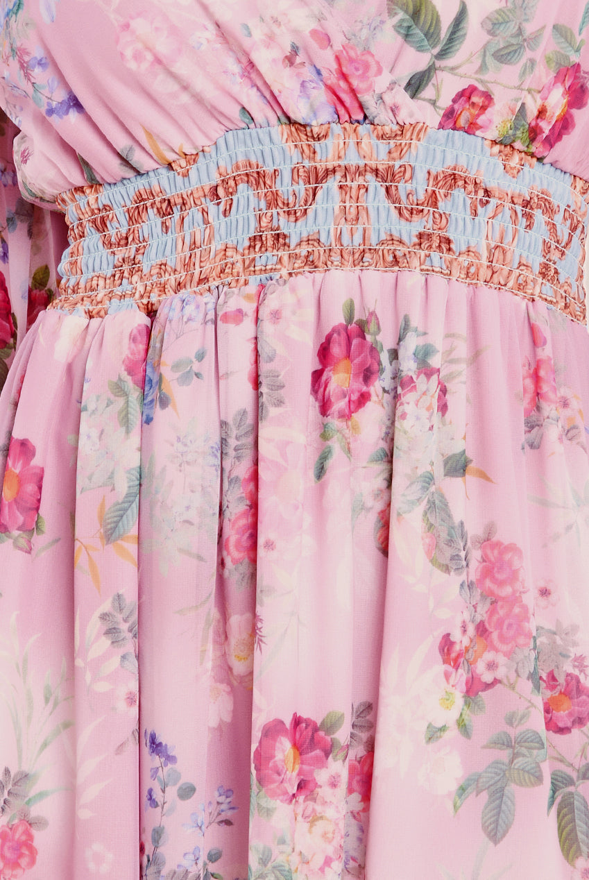 Goddiva Chiffon Wrap Border Floral Print Maxi Dress - Pink