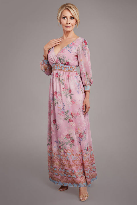 Goddiva Chiffon Wrap Border Floral Print Maxi Dress - Pink