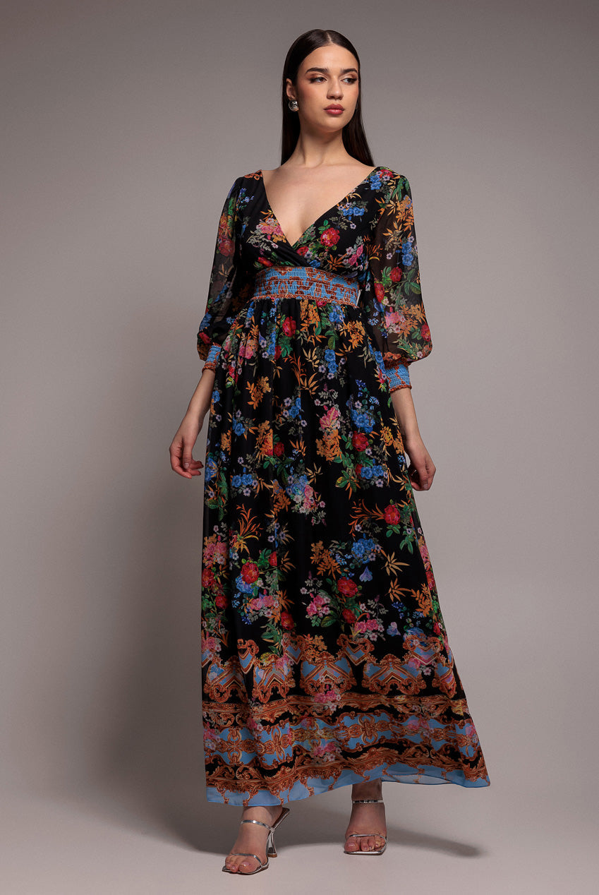 Goddiva Chiffon Wrap Border Floral Print Maxi Dress - Black