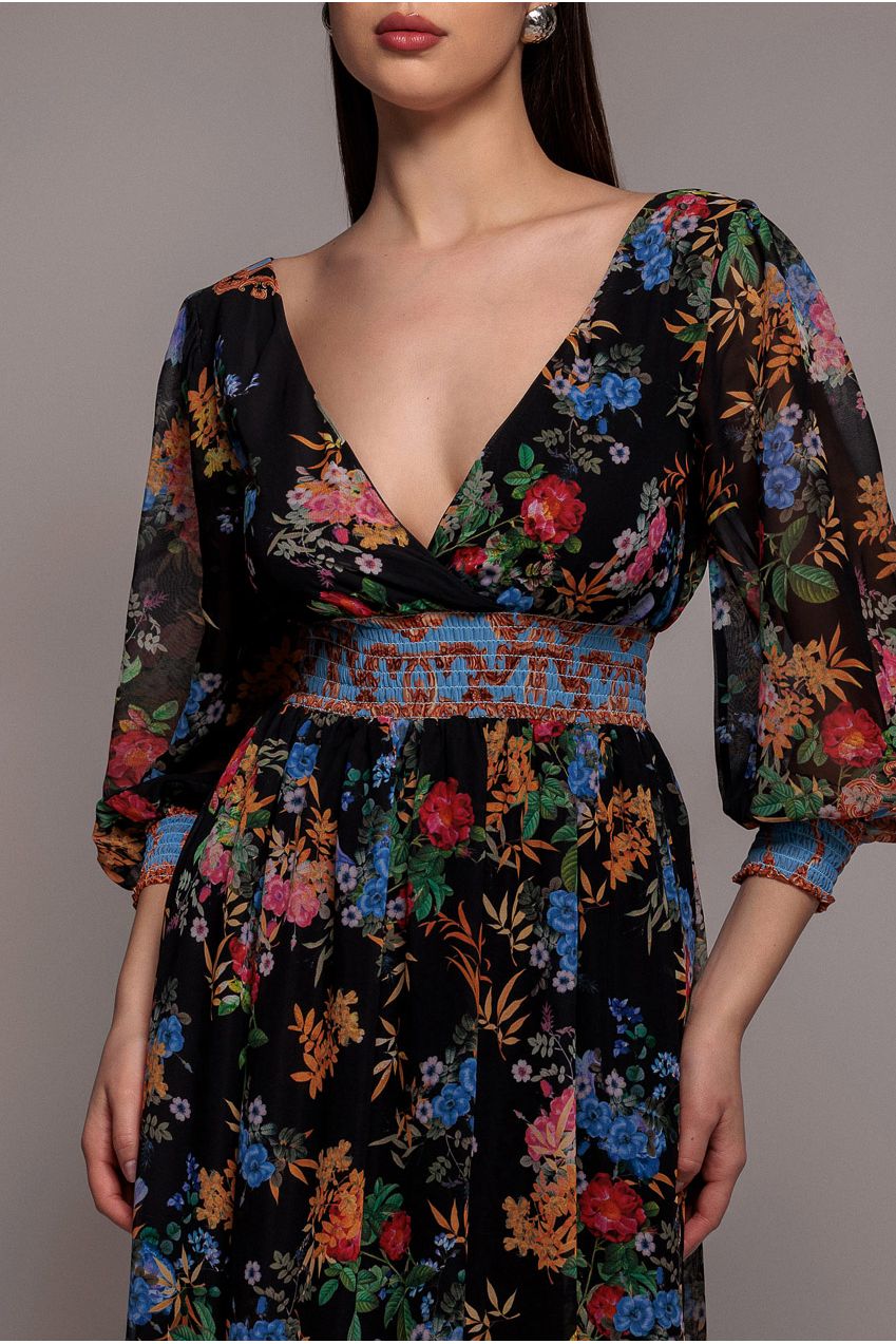 Goddiva Chiffon Wrap Border Floral Print Maxi Dress - Black