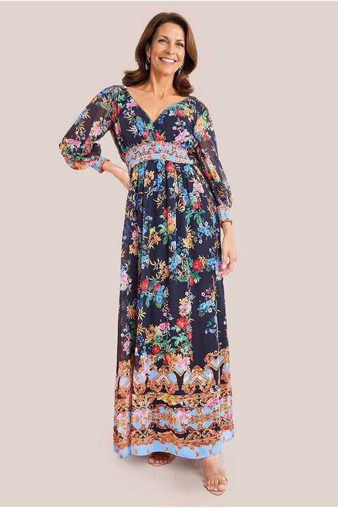 Goddiva Chiffon Wrap Border Floral Print Maxi Dress - Black