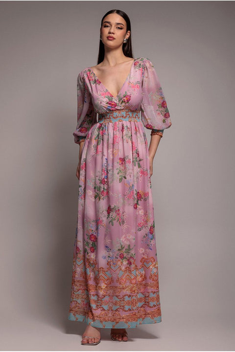 Goddiva Chiffon Wrap Border Floral Print Maxi Dress - Pink