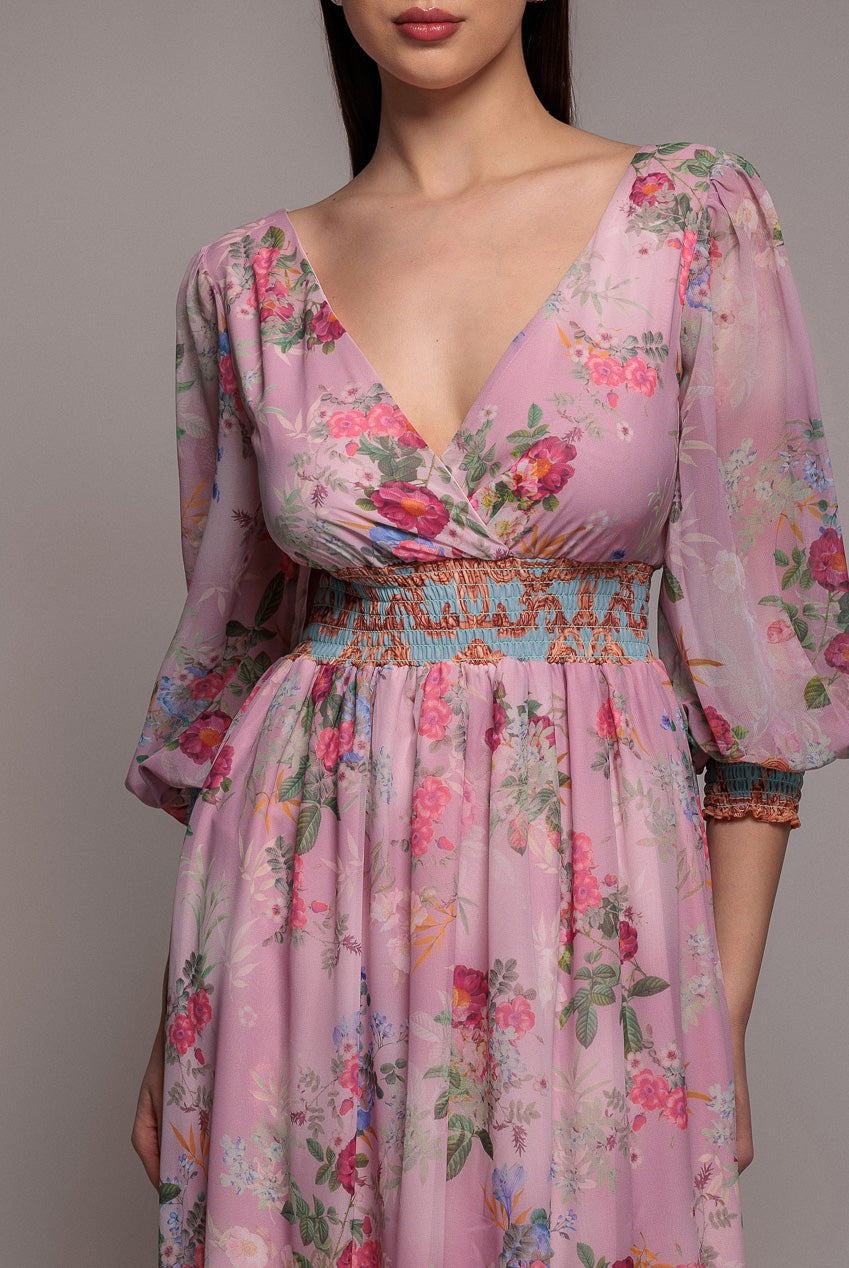Goddiva Chiffon Wrap Border Floral Print Maxi Dress - Pink