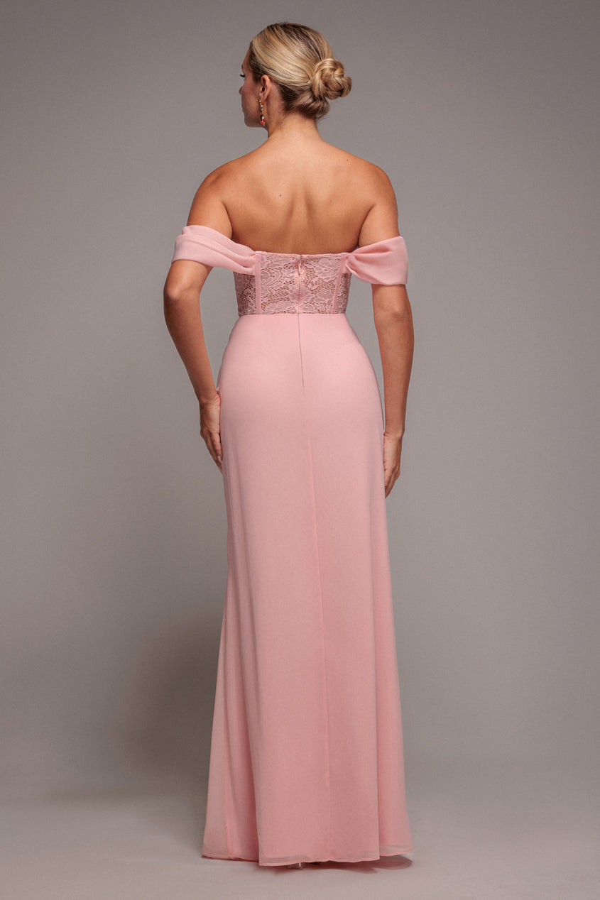 Goddiva Scalloped Lace & Chiffon Winged Corset Bodice Maxi Dress - Blush Pink