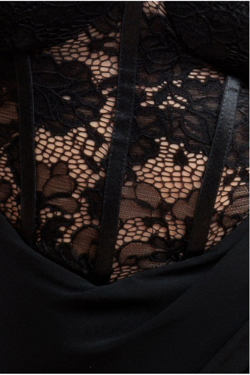 Goddiva Scalloped Lace & Chiffon Winged Corset Bodice Maxi Dress - Black