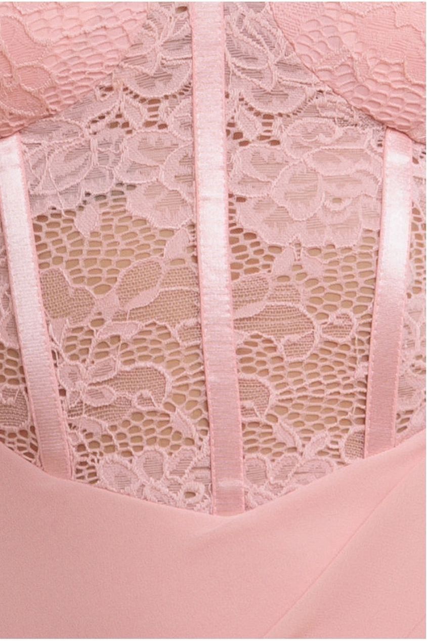 Goddiva Scalloped Lace & Chiffon Winged Corset Bodice Maxi Dress - Blush Pink