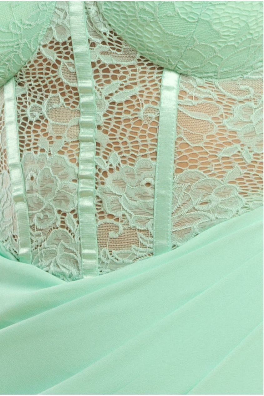 Goddiva Scalloped Lace & Chiffon Winged Corset Bodice Maxi Dress - Mint Green