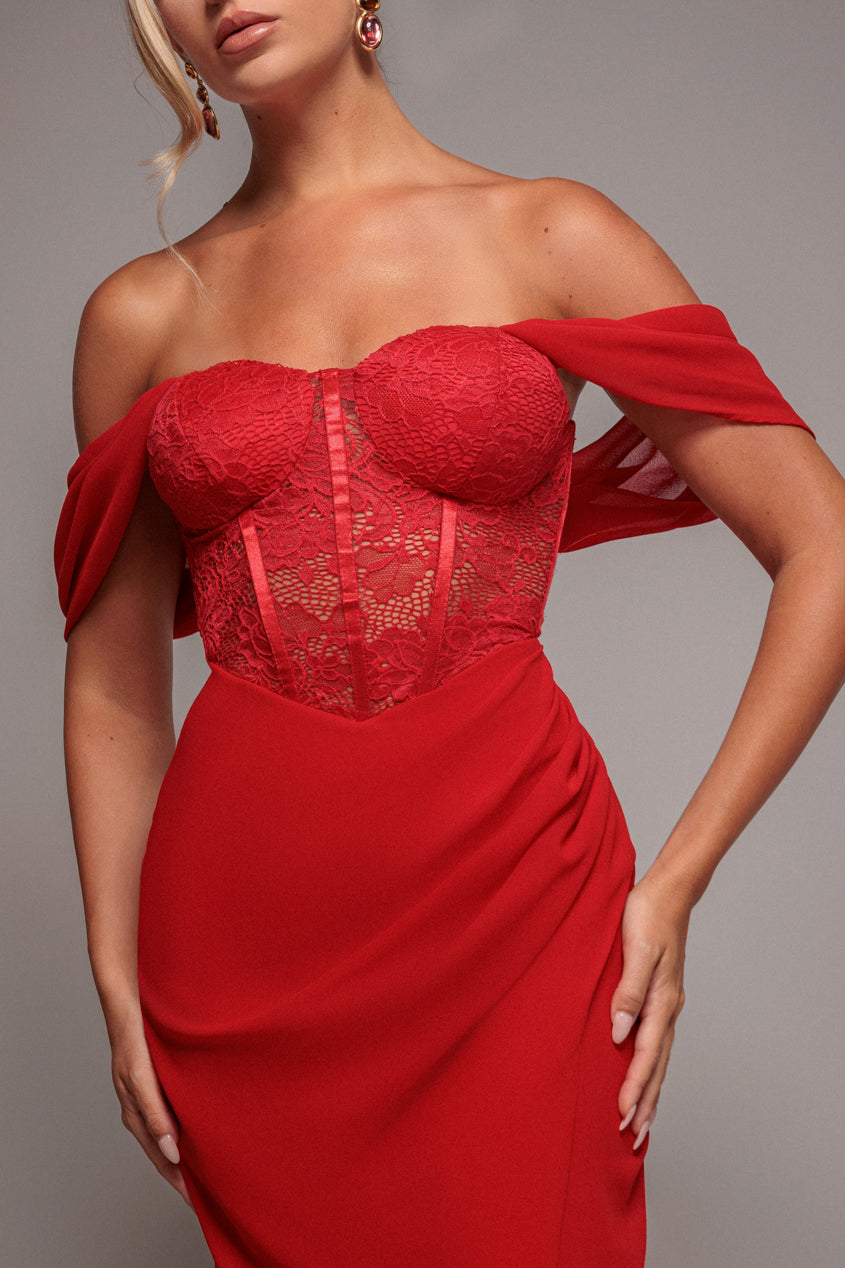 Goddiva Scalloped Lace & Chiffon Winged Corset Bodice Maxi Dress - Red