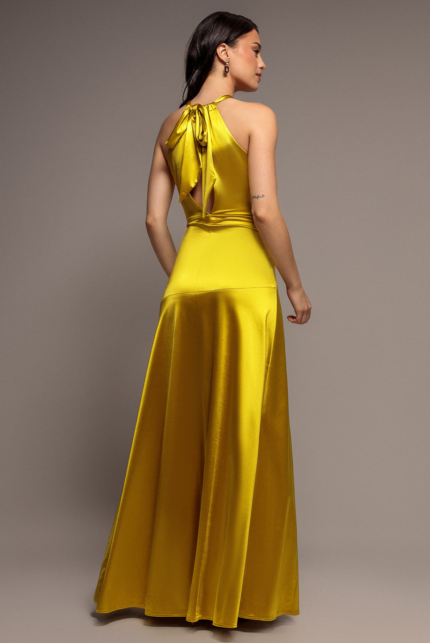 Goddiva Halter Neck Front Split Satin Maxi Dress - Lime Green