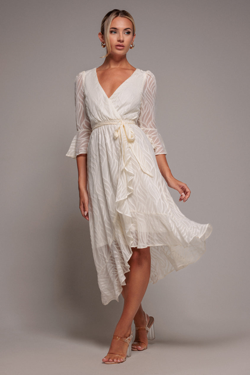 Goddiva Chiffon Geo-Wave Front Frill Wrap Midi Dress - Cream