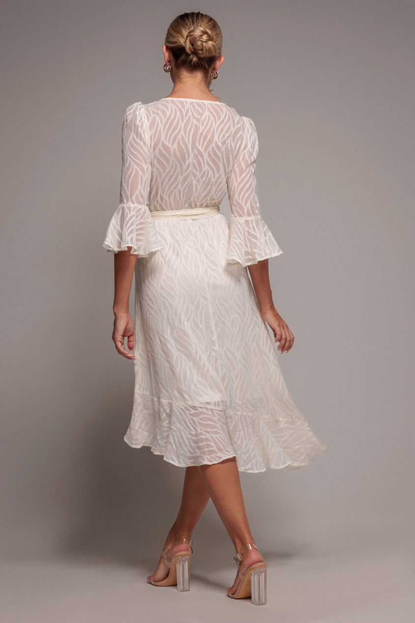 Goddiva Chiffon Geo-Wave Front Frill Wrap Midi Dress - Cream