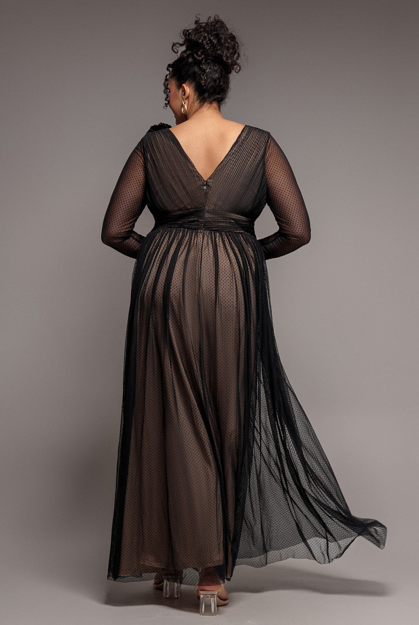 Goddiva Plus Corsage Dobby Mesh A-Line Maxi Dress - Black