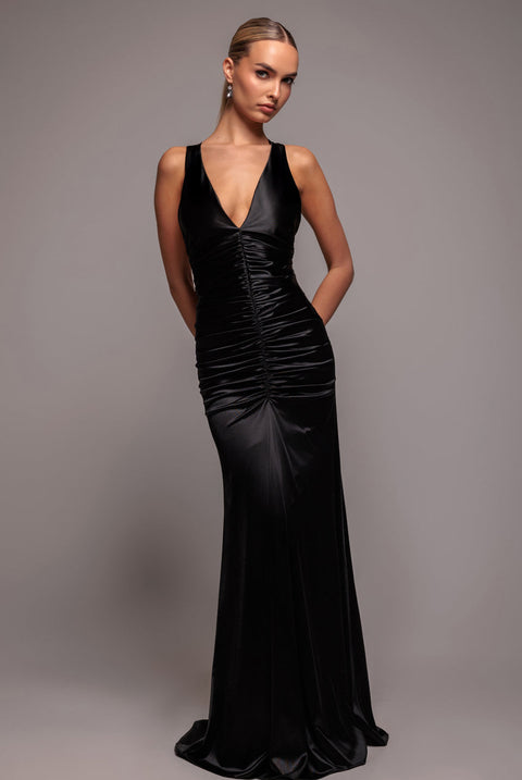 Goddiva Multi-Tied Satin Gathered Ring Maxi Dress - Black