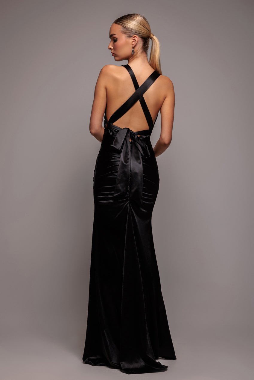 Goddiva Multi-Tied Satin Gathered Ring Maxi Dress - Black