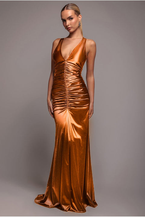Goddiva Multi-Tied Satin Gathered Ring Maxi Dress - Bronze