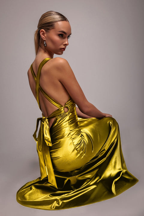 Goddiva Multi-Tied Satin Gathered Ring Maxi Dress - Lime Green