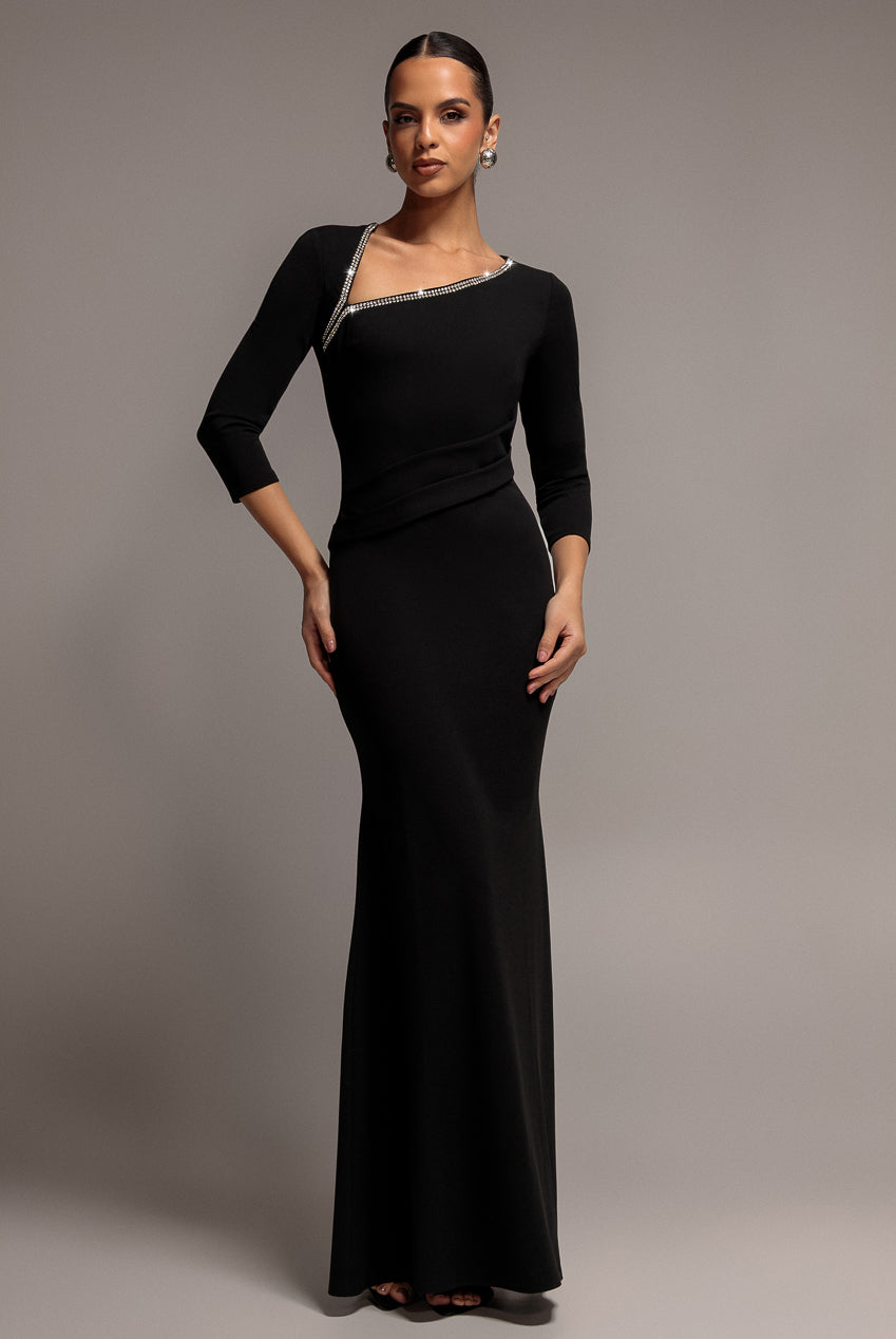 Goddiva Asymmetric Neck Diamante Embellished Maxi Dress - Black