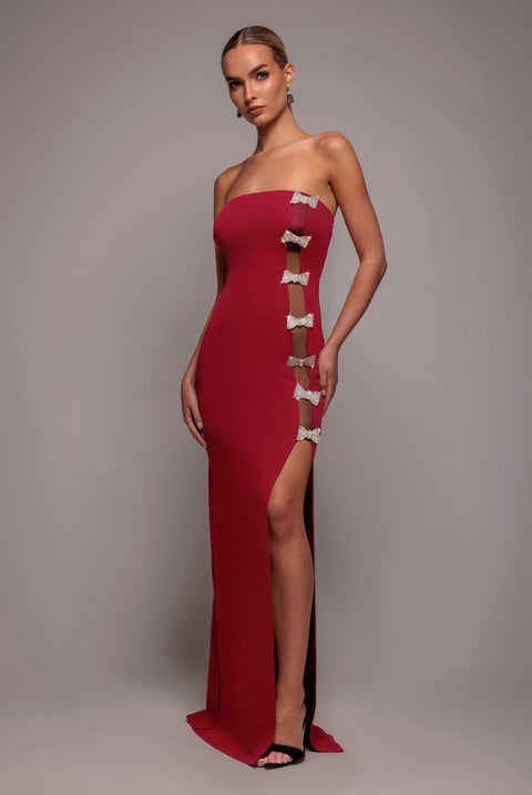 Goddiva Bow Embellished Strapless Mermaid Maxi Dress - Wine