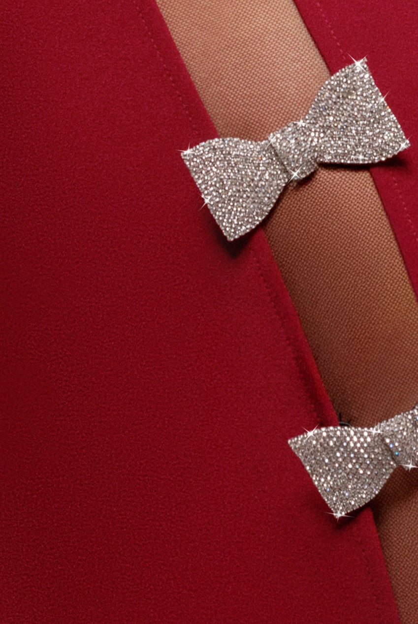 Goddiva Bow Embellished Strapless Mermaid Maxi Dress - Wine