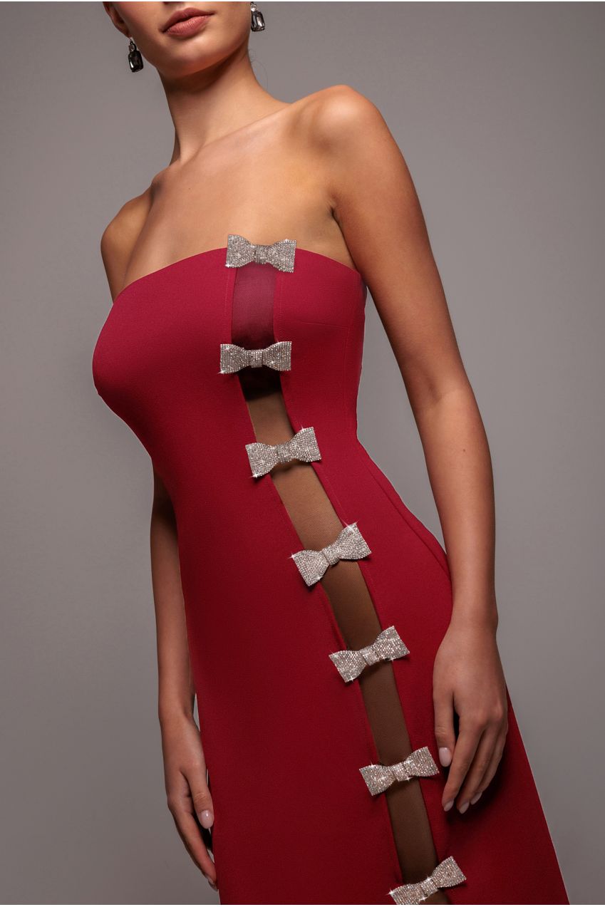 Goddiva Bow Embellished Strapless Mermaid Maxi Dress - Wine