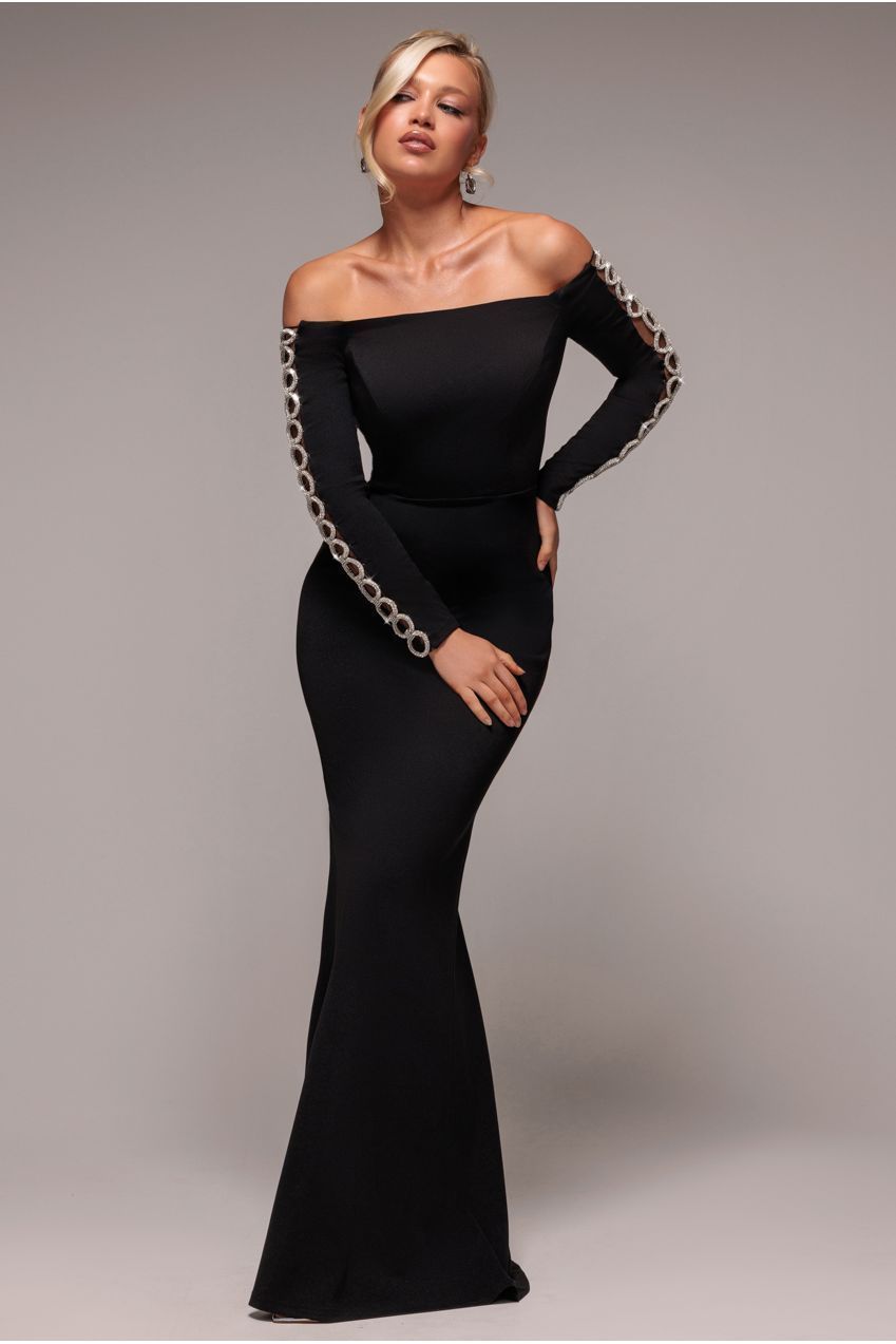Goddiva Embellished Diamante Sleeve Bardot Maxi Dress - Black