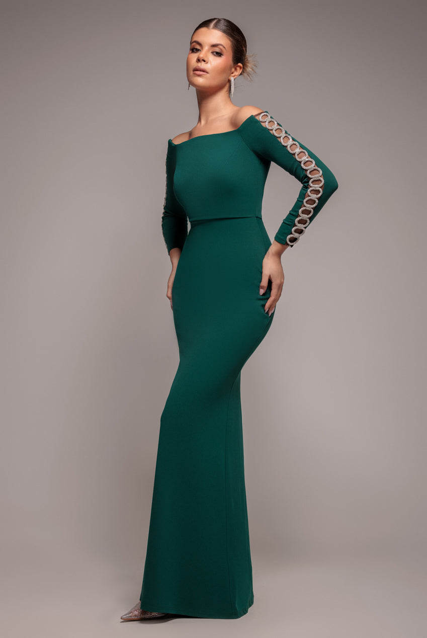 Goddiva Embellished Diamante Sleeve Bardot Maxi Dress - Emerald Green