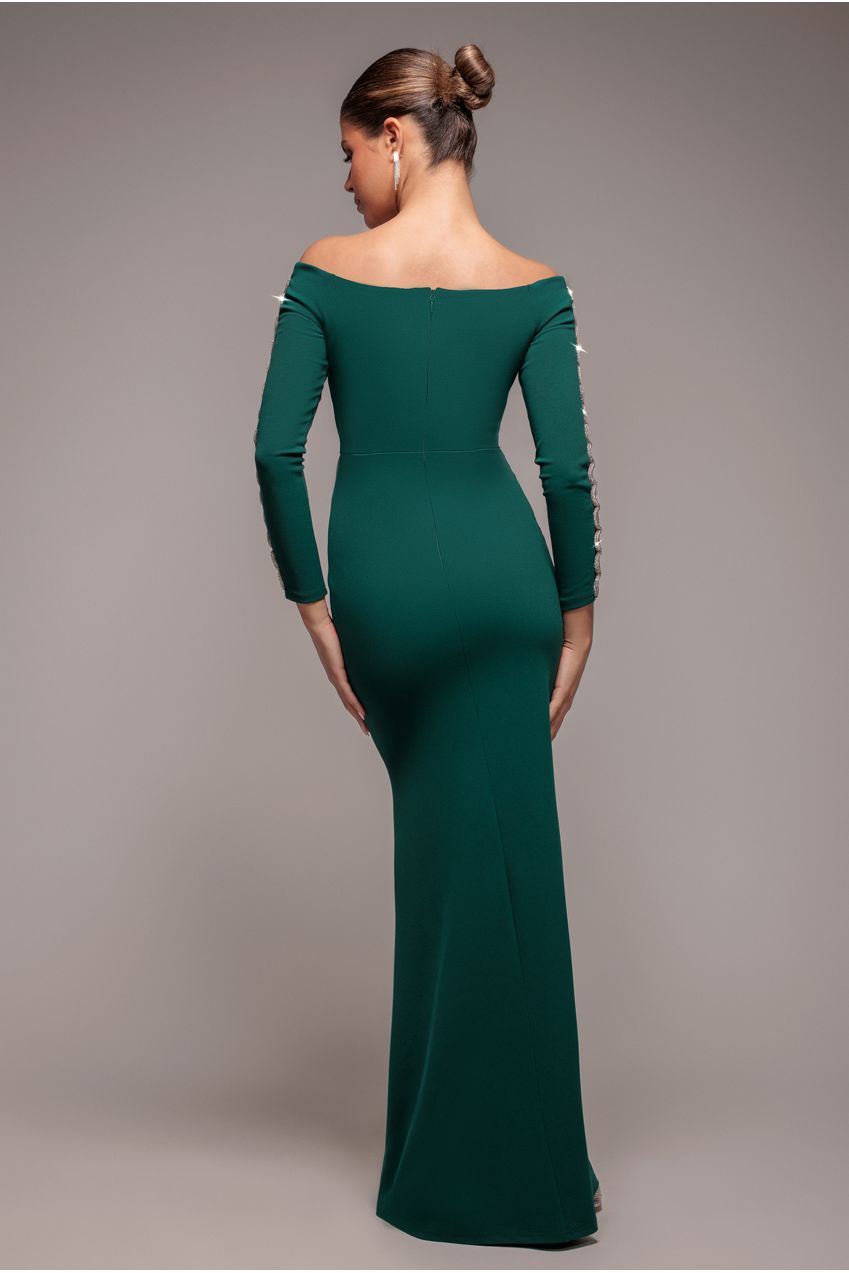 Goddiva Embellished Diamante Sleeve Bardot Maxi Dress - Emerald Green