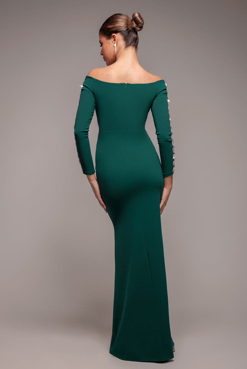 Goddiva Embellished Diamante Sleeve Bardot Maxi Dress - Emerald Green