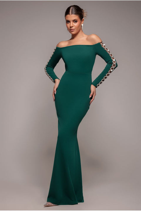 Goddiva Embellished Diamante Sleeve Bardot Maxi Dress - Emerald Green
