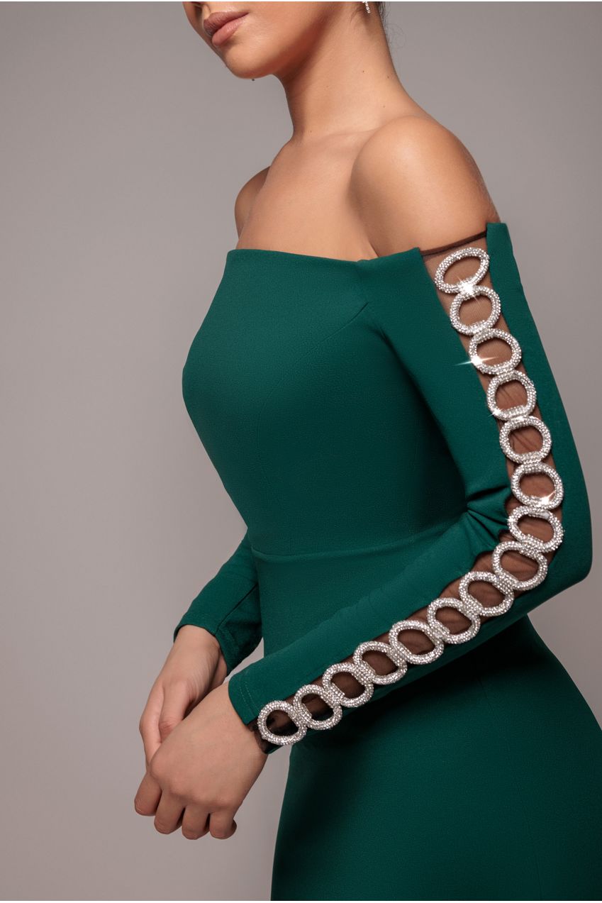 Goddiva Embellished Diamante Sleeve Bardot Maxi Dress - Emerald Green