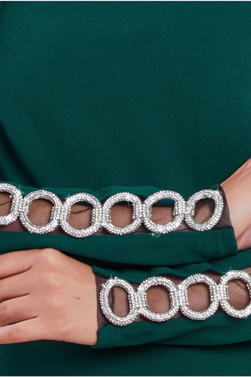 Goddiva Embellished Diamante Sleeve Bardot Maxi Dress - Emerald Green