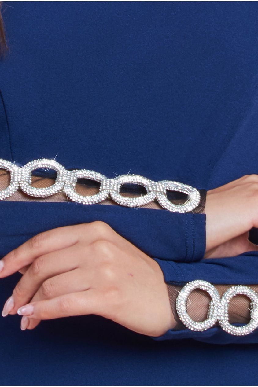 Goddiva Embellished Diamante Sleeve Bardot Maxi Dress - Navy