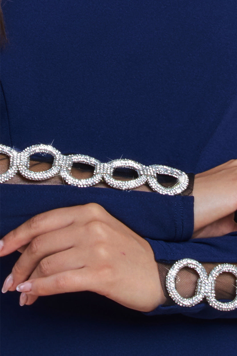 Goddiva Embellished Diamante Sleeve Bardot Maxi Dress - Navy