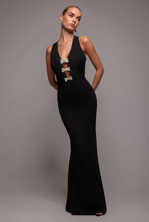 Goddiva Embellished Diamante Bow Mermaid Halter Neck Maxi Dress - Black