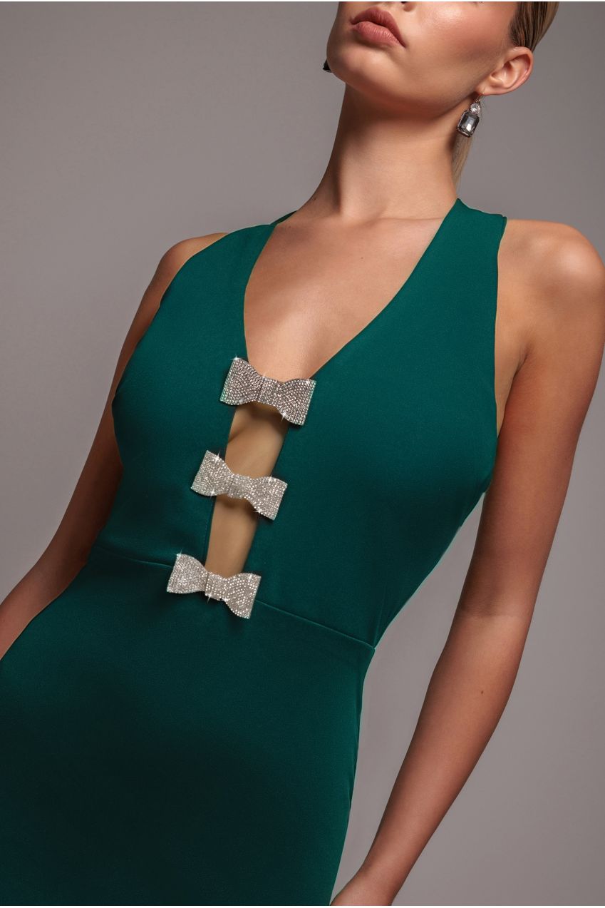 Goddiva Embellished Diamante Bow Mermaid Halter Neck Maxi Dress - Emerald