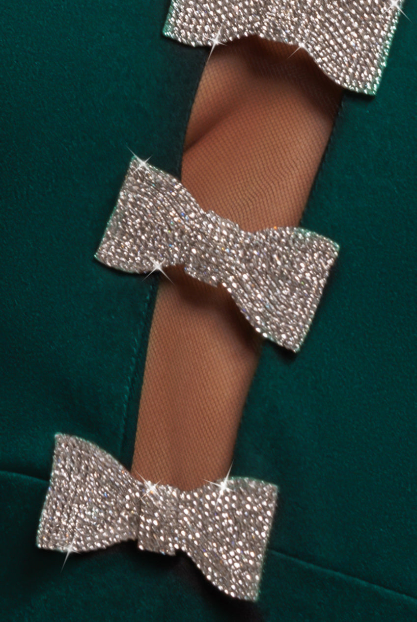 Goddiva Embellished Diamante Bow Mermaid Halter Neck Maxi Dress - Emerald