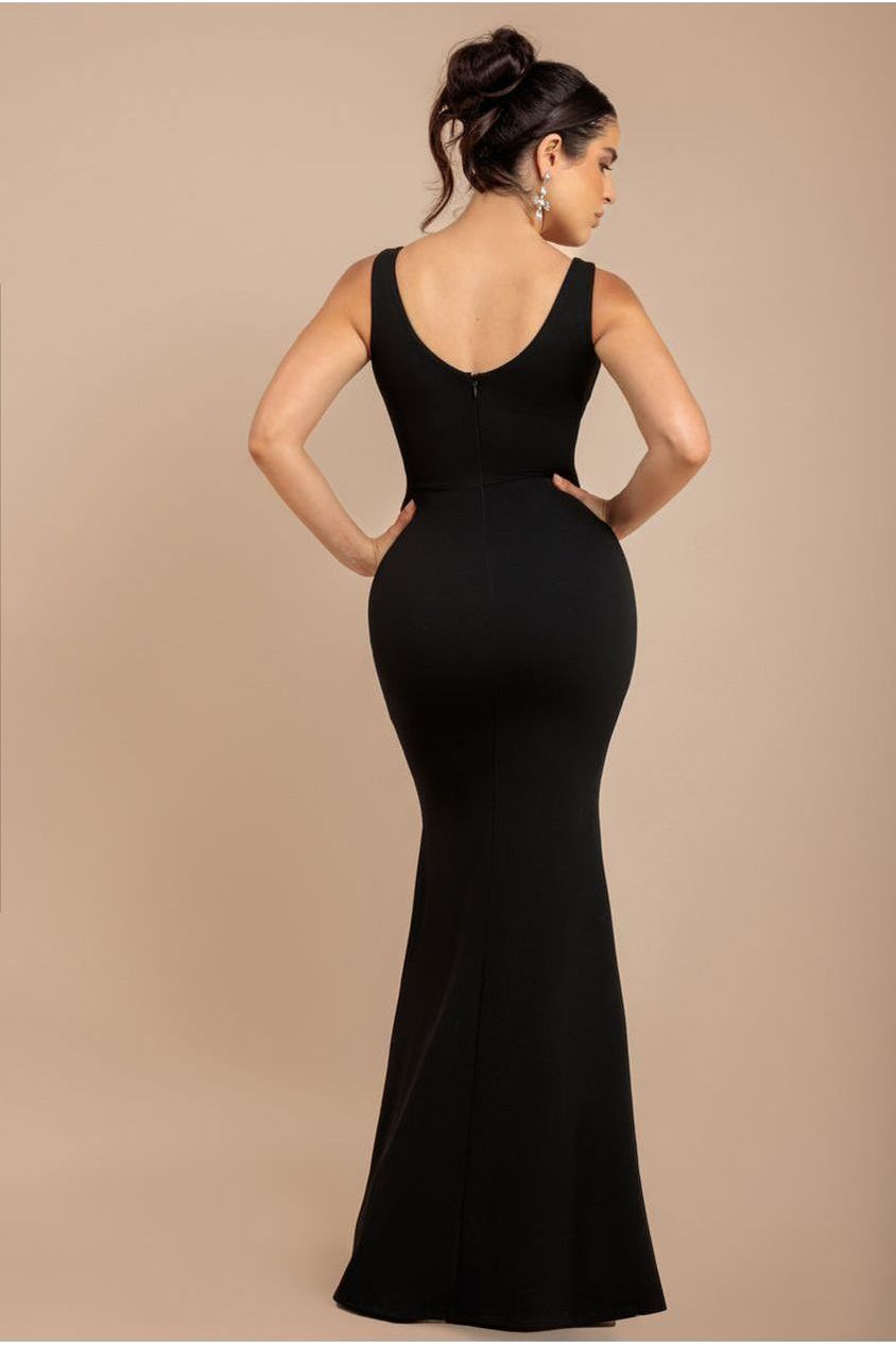 Goddiva Diamante Brooch Thigh Split Mermaid Maxi Dress - Black