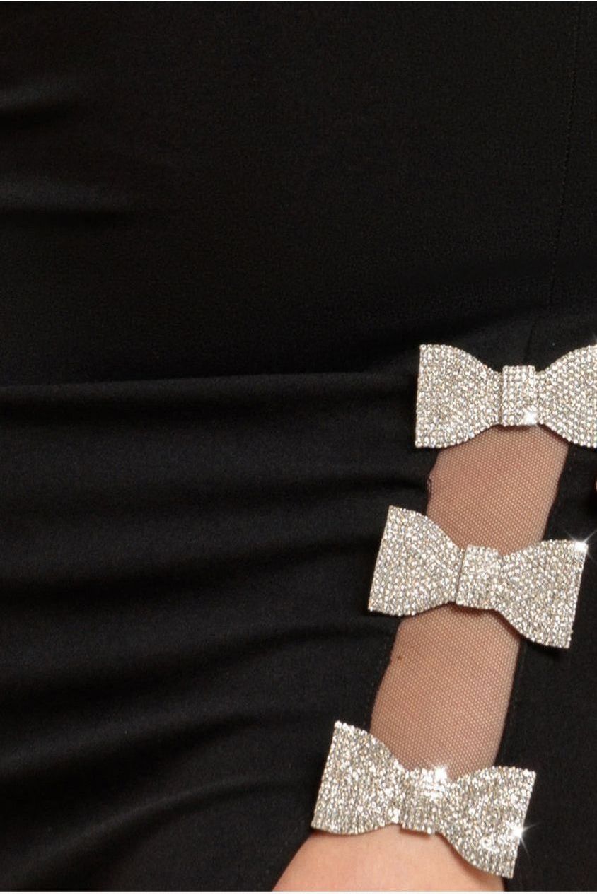 Goddiva Diamante Brooch Thigh Split Mermaid Maxi Dress - Black