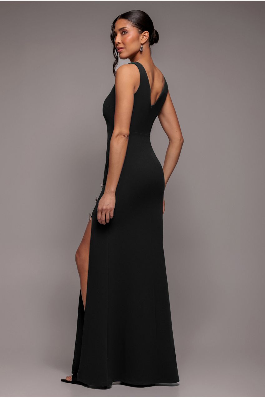 Goddiva Diamante Brooch Thigh Split Mermaid Maxi Dress - Black