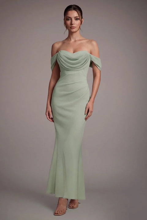 Goddiva Petite Bardot Scuba & Chiffon Cowl Maxi Dress - Sage Green