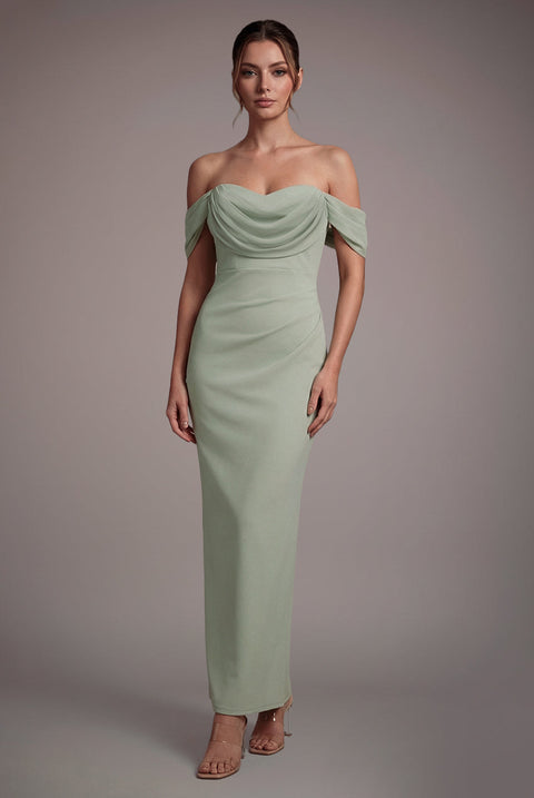 Goddiva Petite Bardot Scuba & Chiffon Cowl Maxi Dress - Sage Green
