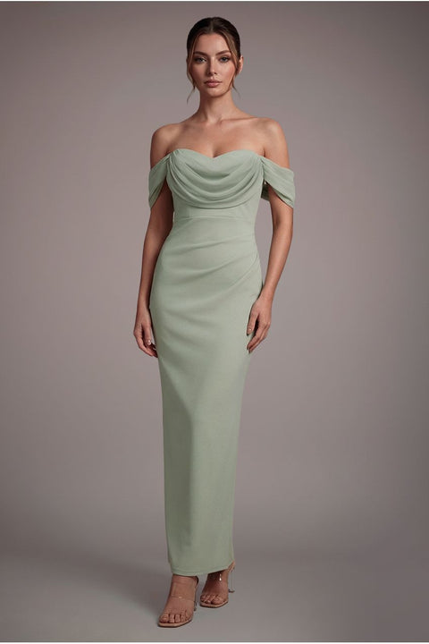 Goddiva Petite Bardot Scuba & Chiffon Cowl Maxi Dress - Sage Green