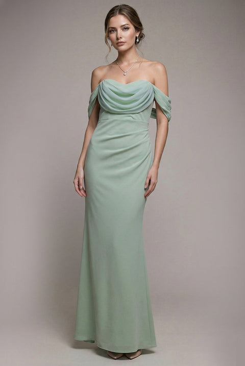 Goddiva Petite Bardot Scuba & Chiffon Cowl Maxi Dress - Sage Green